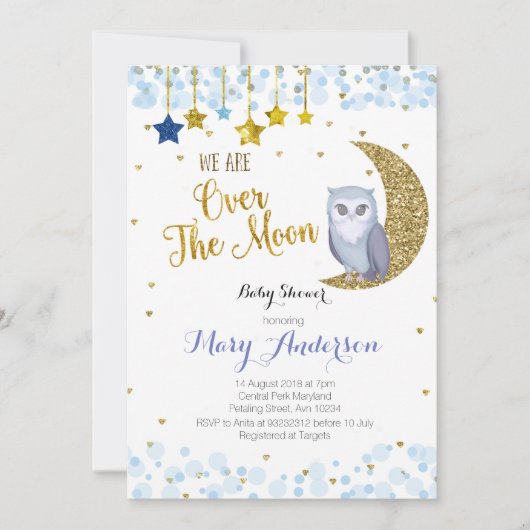 Blauw en goud boven het Moon Owl Baby shower Kaart (Voorkant)
