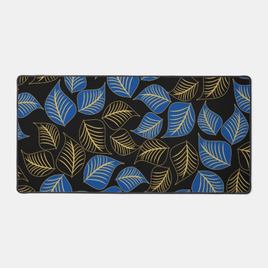 Blauw en goud breed blad patroon op zwart bureaumat (Voorkant)
