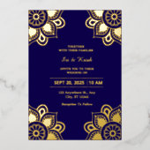 Blauw en Goud bruiloft Folie Folie Uitnodiging (Voorkant)