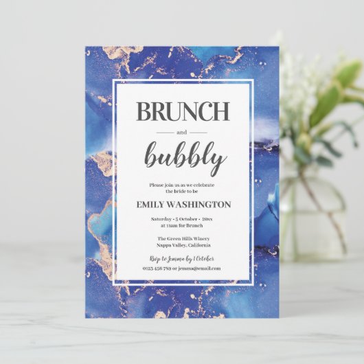 Blauw en Goud Brunch & Bubbly Uitnodiging (Staand voorkant)