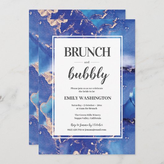 Blauw en Goud Brunch & Bubbly Uitnodiging (Voorkant / Achterkant)