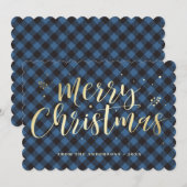 Blauw en Goud Buffalo Plaid Typografie Feestdagenkaart (Voorkant / Achterkant)