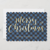 Blauw en Goud Buffalo Plaid Typografie Feestdagenkaart (Voorkant)