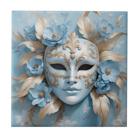 Blauw en goud carnaval masker tegeltje (Voorkant)