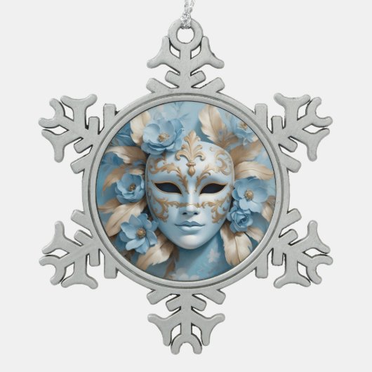 Blauw en goud carnaval masker tin sneeuwvlok ornament (Voorkant)