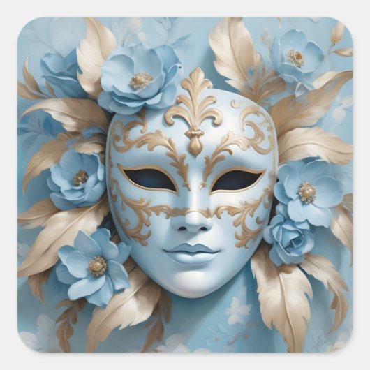 Blauw en goud carnaval masker vierkante sticker (Voorkant)