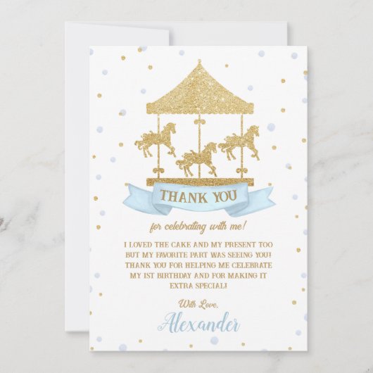 Blauw en Goud Carrousel Boy 1e 2e 3e verjaardag Bedankkaart (Voorkant)