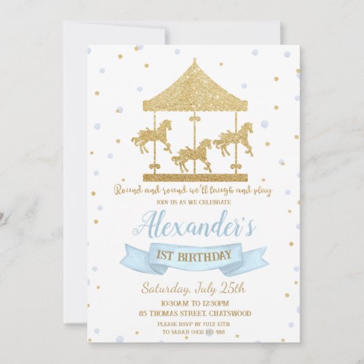 Blauw en Goud Carrousel Boy 1e verjaardag Kaart (Voorkant)