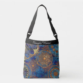 Blauw en Goud Celestial Mandala Custom Name Crossbody Tas