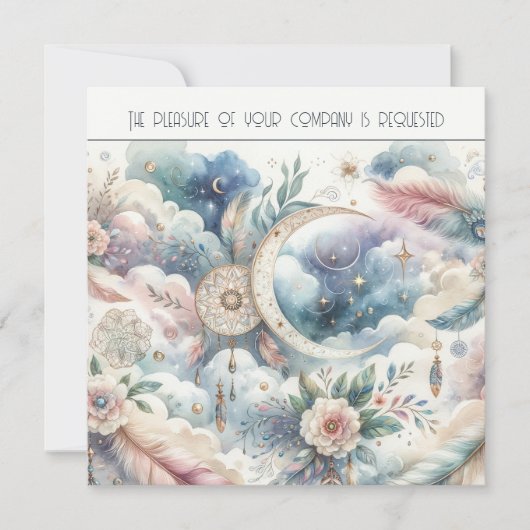 Blauw en Goud Celestial Moon Dream Catcher Bruilof Kaart (Voorkant)