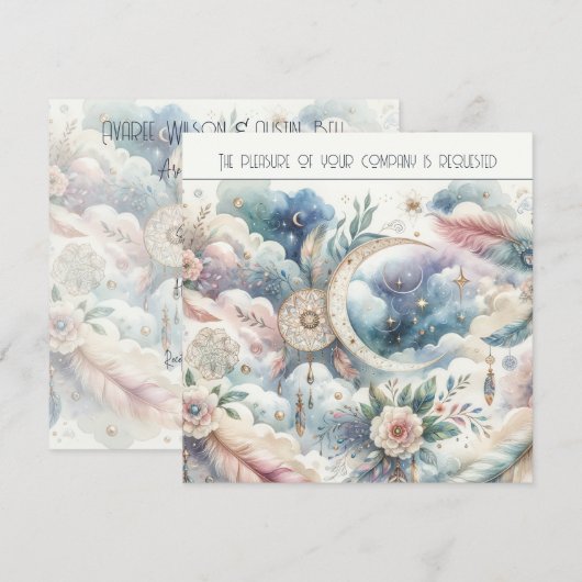 Blauw en Goud Celestial Moon Dream Catcher Bruilof Kaart (Voorkant / Achterkant)