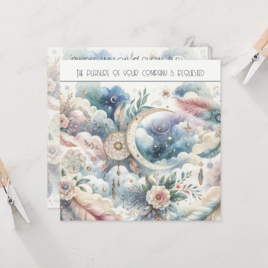 Blauw en Goud Celestial Moon Dream Catcher Bruilof Kaart (Voorkant / Achterkant in situ)