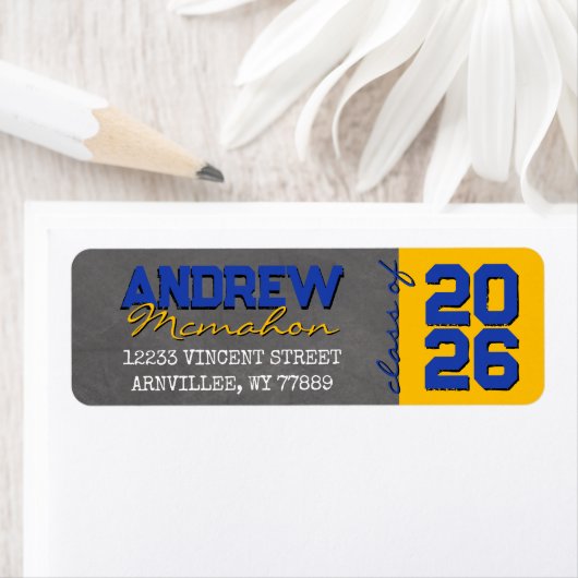 Blauw en Goud Chalkboard Afstuderen Retouradres Etiket (Insitu)