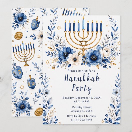 Blauw en goud Chanoeka-feest Kaart (Voorkant / Achterkant)