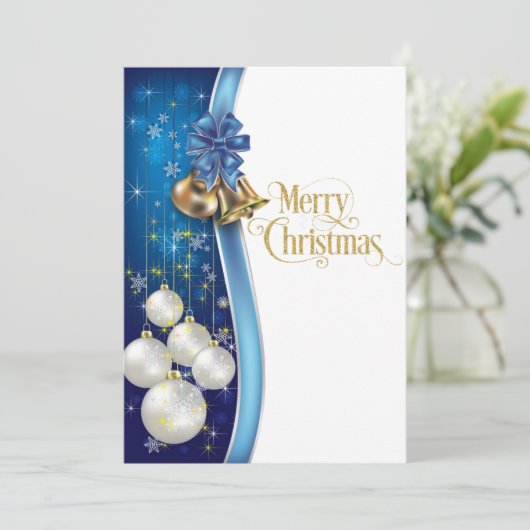 Blauw en Goud Classy Vrolijk Kerstfeest Feestdagenkaart (Staand voorkant)