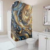 Blauw en goud combinatie op abstracte golven kunst douchegordijn (In situ)