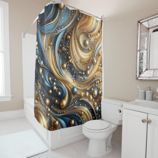 Blauw en goud combinatie op abstracte golven kunst douchegordijn (In situ)