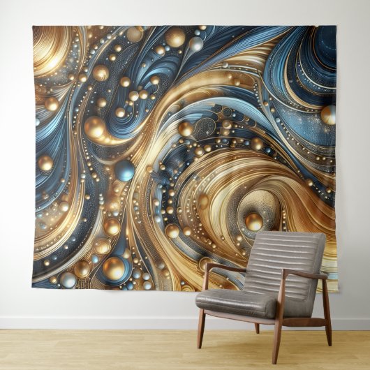 Blauw en goud combinatie op abstracte golven kunst wandkleed (In Situ (horizontaal))