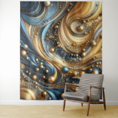 Blauw en goud combinatie op abstracte golven kunst wandkleed (In situ)