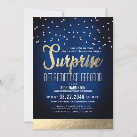 Blauw en Goud Confetti Verrassingsfeest Kaart (Voorkant)