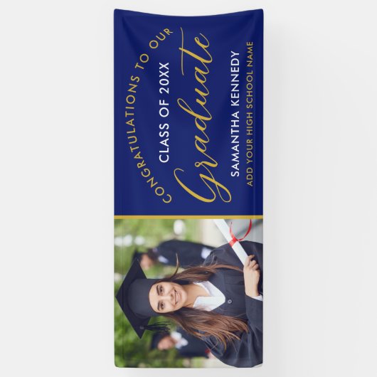 Blauw en Goud Congrats Afstudeerder Foto Afstudere Spandoek (Verticaal)