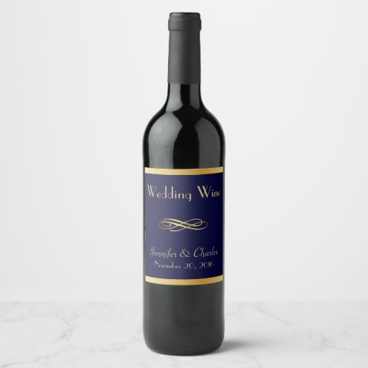 Blauw en Goud Custom Wedding Wine Label Wijn Etiket (Voorkant)