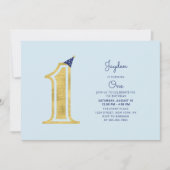 Blauw en goud | Cute Modern Boy 1st Birthday Party Kaart (Voorkant)