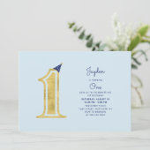 Blauw en goud | Cute Modern Boy 1st Birthday Party Kaart (Staand voorkant)