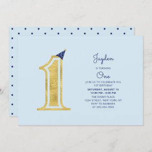 Blauw en goud   Cute Modern Boy 1st Birthday Party Kaart