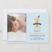 Blauw en goud | Cute Modern Boy 1st Birthday Party Kaart (Voorkant)