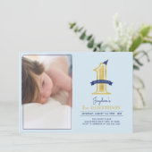 Blauw en goud | Cute Modern Boy 1st Birthday Party Kaart (Staand voorkant)