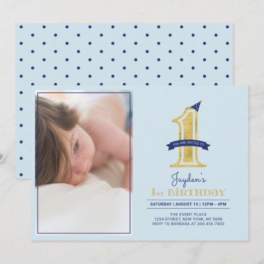 Blauw en goud | Cute Modern Boy 1st Birthday Party Kaart (Voorkant / Achterkant)
