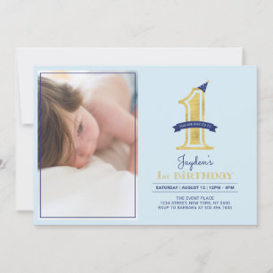 Blauw en goud   Cute Modern Boy 1st Birthday Party Kaart