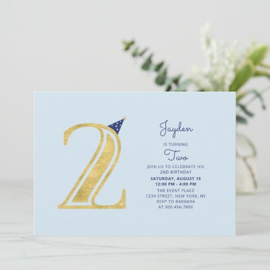 Blauw en goud | Cute Modern Boy 2e verjaardag Kaart (Staand voorkant)