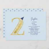 Blauw en goud | Cute Modern Boy 2e verjaardag Kaart (Voorkant / Achterkant)