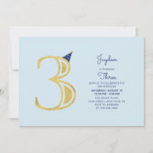 Blauw en goud | Cute Modern Boy 3rd Birthday Party Kaart (Voorkant)