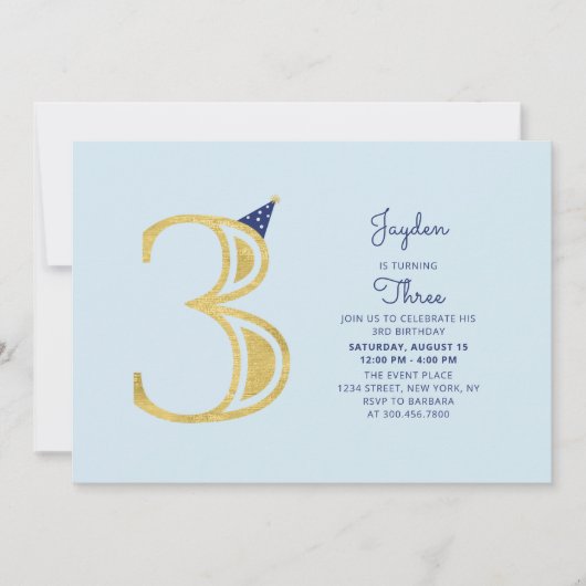 Blauw en goud | Cute Modern Boy 3rd Birthday Party Kaart (Voorkant)