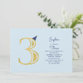 Blauw en goud | Cute Modern Boy 3rd Birthday Party Kaart (Staand voorkant)
