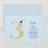 Blauw en goud | Cute Modern Boy 3rd Birthday Party Kaart (Voorkant / Achterkant)