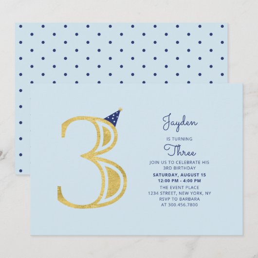 Blauw en goud | Cute Modern Boy 3rd Birthday Party Kaart (Voorkant / Achterkant)