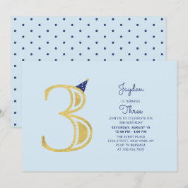 Blauw en goud | Cute Modern Boy 3rd Birthday Party Kaart