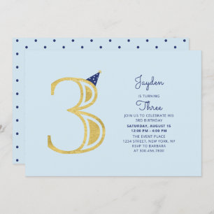 Blauw en goud   Cute Modern Boy 3rd Birthday Party Kaart