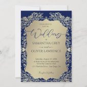 Blauw en Goud Damask Uitnodiging (Voorkant)