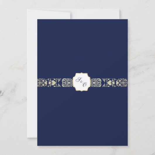 Blauw en Goud Damask Uitnodiging (Achterkant)