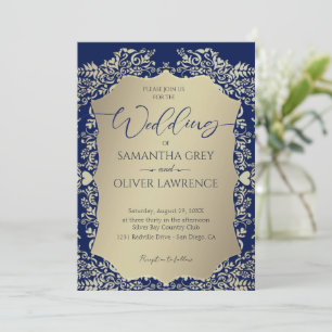 Blauw en Goud Damask Uitnodiging