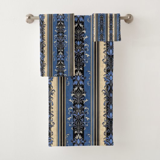 Blauw en Goud Damaskstrepen Bad Handdoek (Insitu)