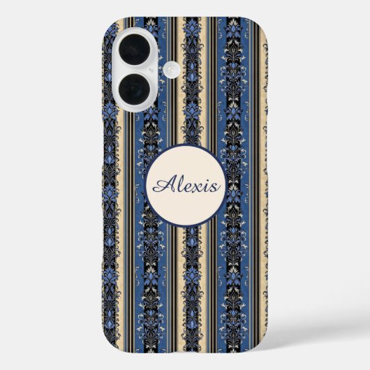 Blauw en Goud Damaskstrepen Case-Mate iPhone Case (Achterkant)