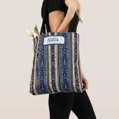 Blauw en Goud Damaskstrepen Tote Bag (Dichtbij)