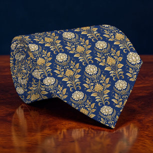 Blauw en goud damast maatwerk stropdas