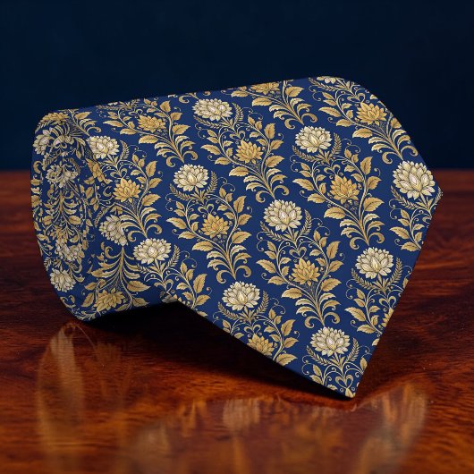 Blauw en goud damast maatwerk stropdas